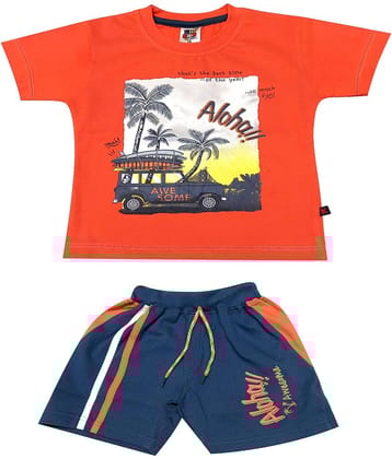 Kideon Pack of 1 Boys Cotton T-Shirt & Shorts Set ( Orange )