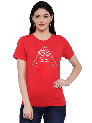 Women's Cotton Blend Heart Hands Line Art Printed T-Shirt L (Red)