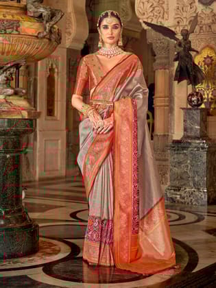 Grey Soft Silk Banarasi Brocade Zari Woven Saree