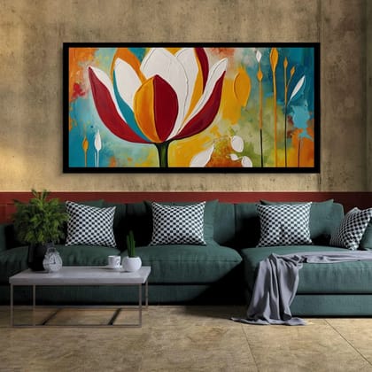Luminary Colors of Awakening – Vibrant Abstract Flower Painting on Museum-Quality Cotton Canvas for Modern Home Décor | Frame Size (127 X 69 Cm) | Frame Type (Black) | 5-Year Warranty