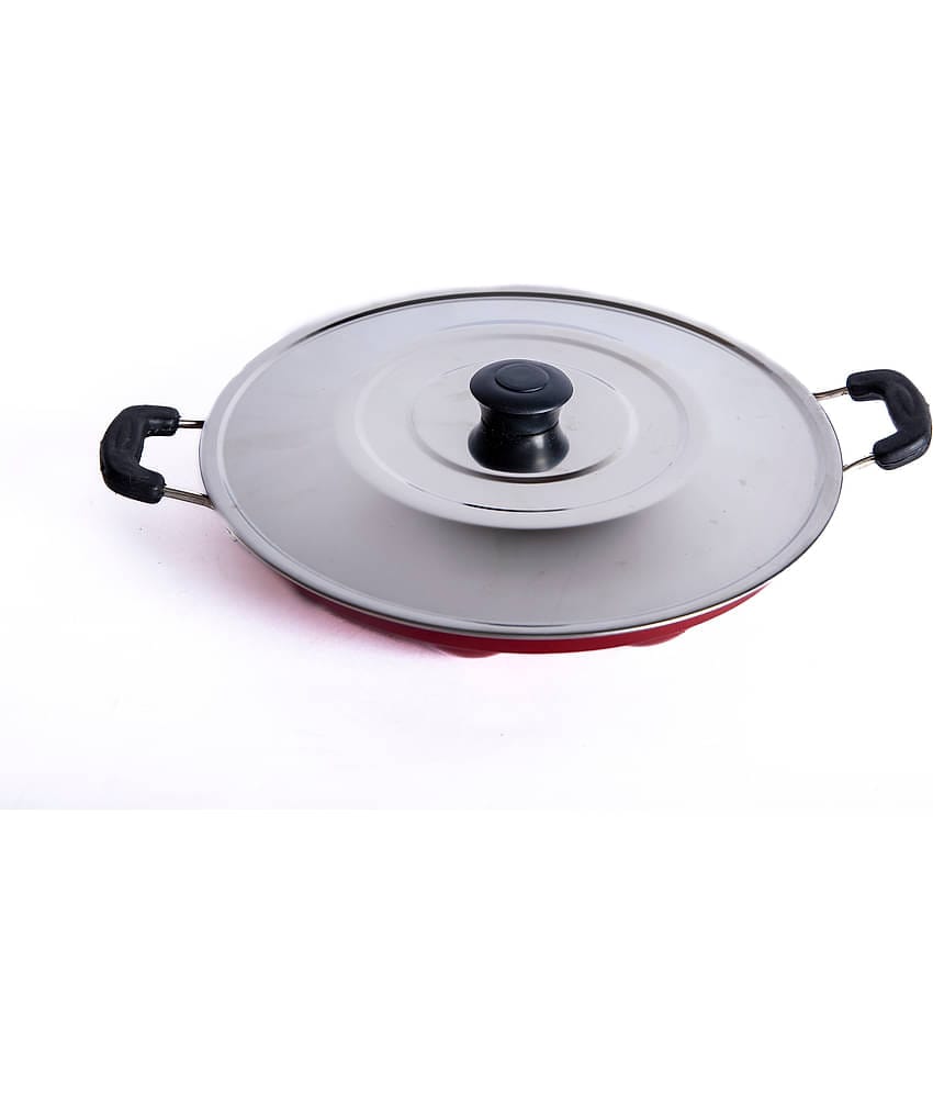 HomePro Aluminium 12 Cavity Appam Patra Paniyarakkal Two Side Handle with Steel lid & Wooden Picker, ( 23 cm, Red)