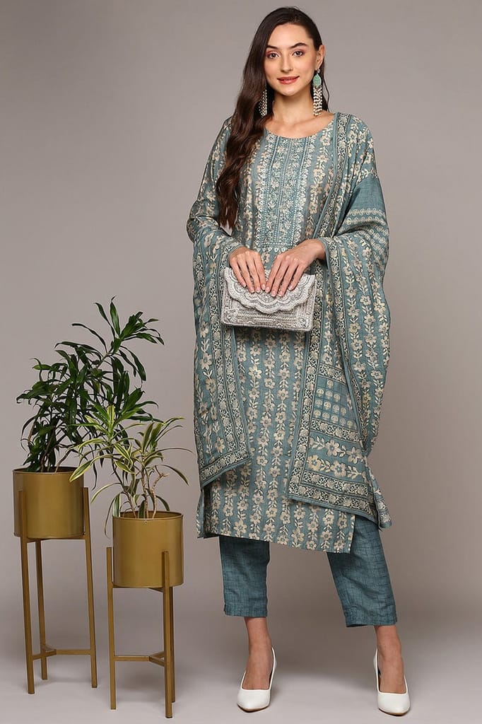 Top Women Plus Size Grey Silk Blend Printed Straight Suit Set PKSKD2001 2026 at ShopCircuit | ON