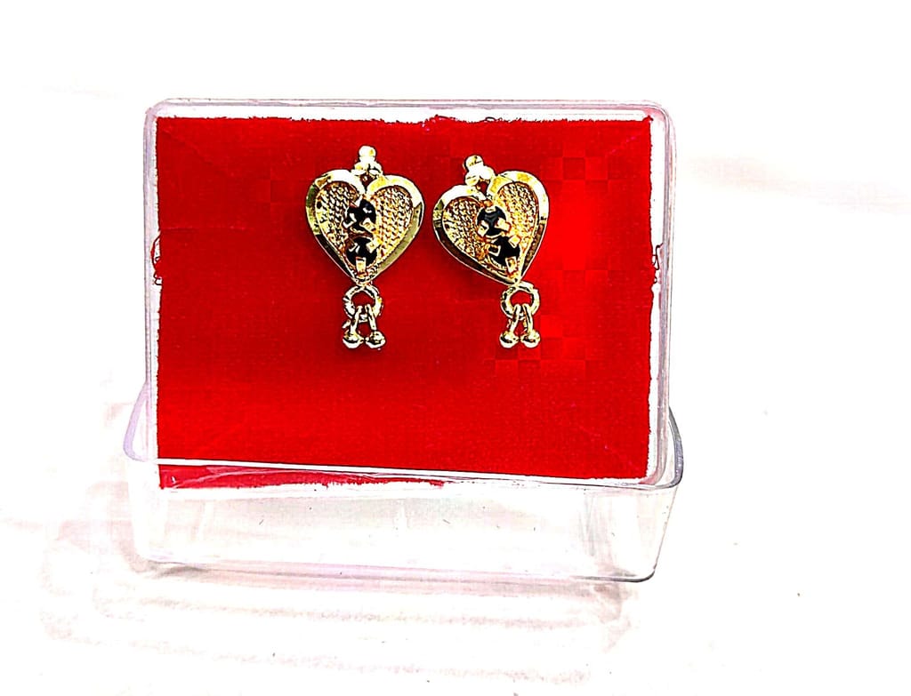 Gold Plated Heart Shape Earrings with Black Stone