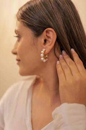 Pearl Casacade Hoop Earrings-STAINLESS STEEL / WHITE