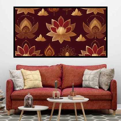 Luminary Golden Serenity – Vibrant Abstract flowers Painting On Museum-Quality Cotton Canvas for Living Room & Home Décor | Frame Size (127 X 69 Cm) | Frame Type (Black) | 5-Year Warranty