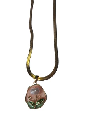 ANVAYACOLLECTIONS Anti Tarnish, Elegant Floral Pendant Necklace, Gold-Tone Snake Chain, pink and Green Enamel Hexagon with Pearl Accent, Fashion Jewelry for Women