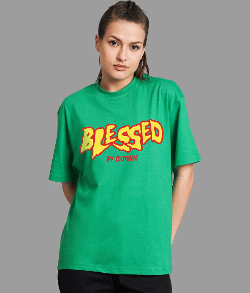 Leotude Women Cotton Blend Printed Oversized Fit Round Neck T-Shirt ( Green )