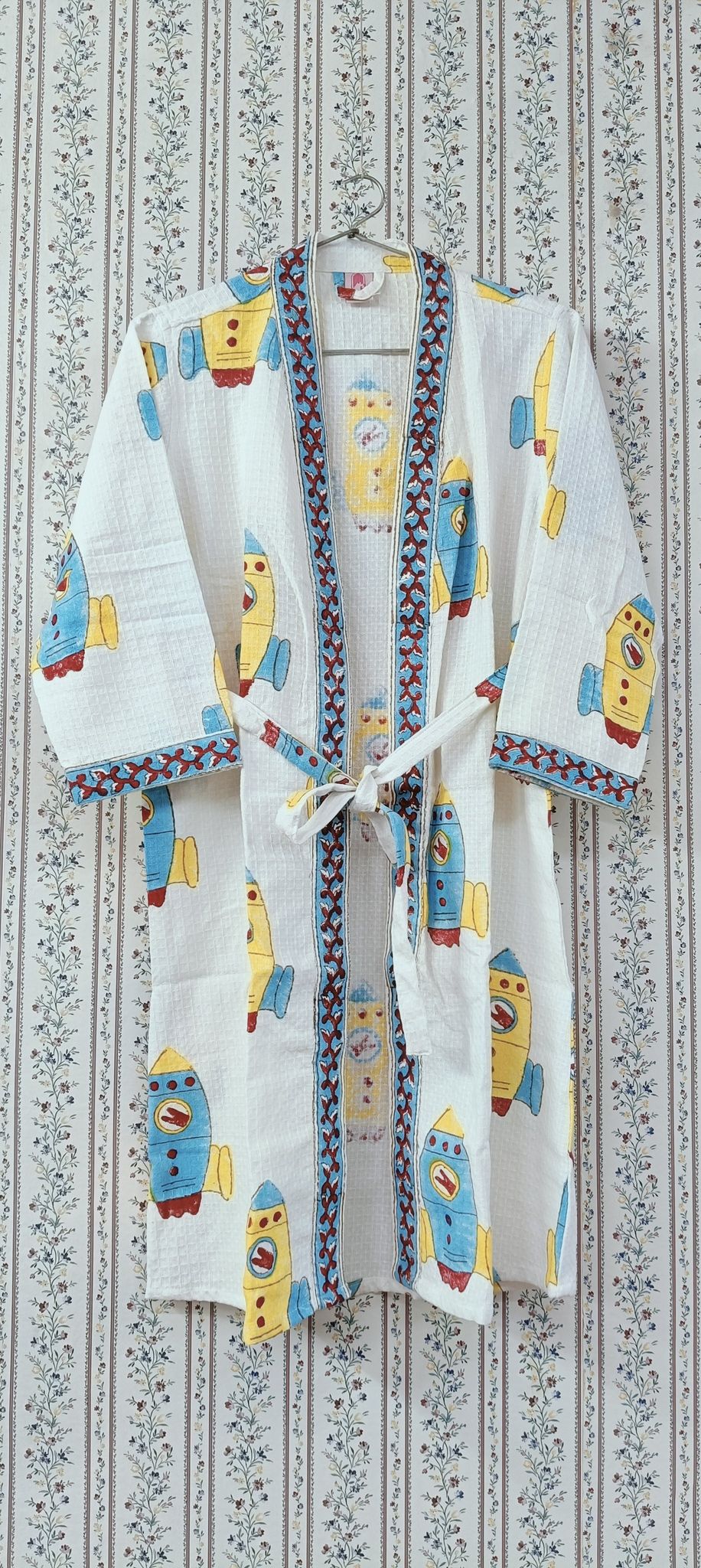 Handblock printed waffle cotton bathrobe for kids - 4-13 years old-4-8 years