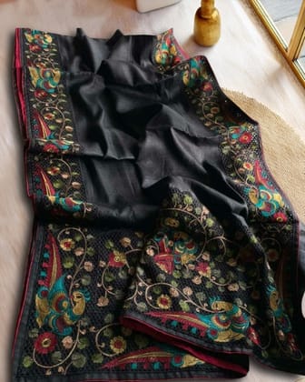Silkmark Certified Rustic Pure Tussar Cutwork Eerie Black Saree
