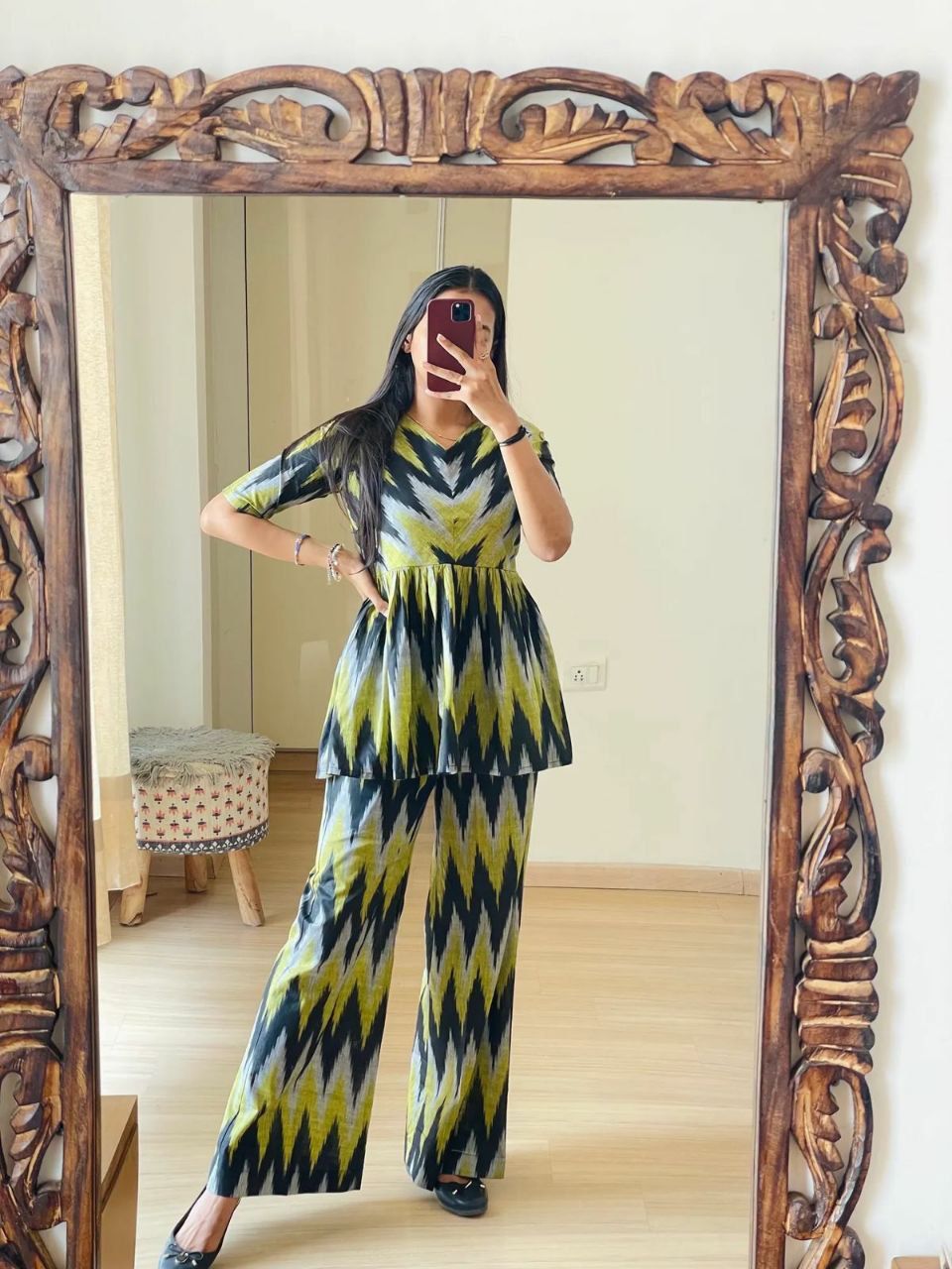 Morden Yellow and Green Designing Kurti with Palazzo Co-Ord Set by GlamaStitch-S