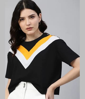 JUNEBERRY Women Cotton Colorblock Regular Fit Round Neck T-Shirt ( Black )