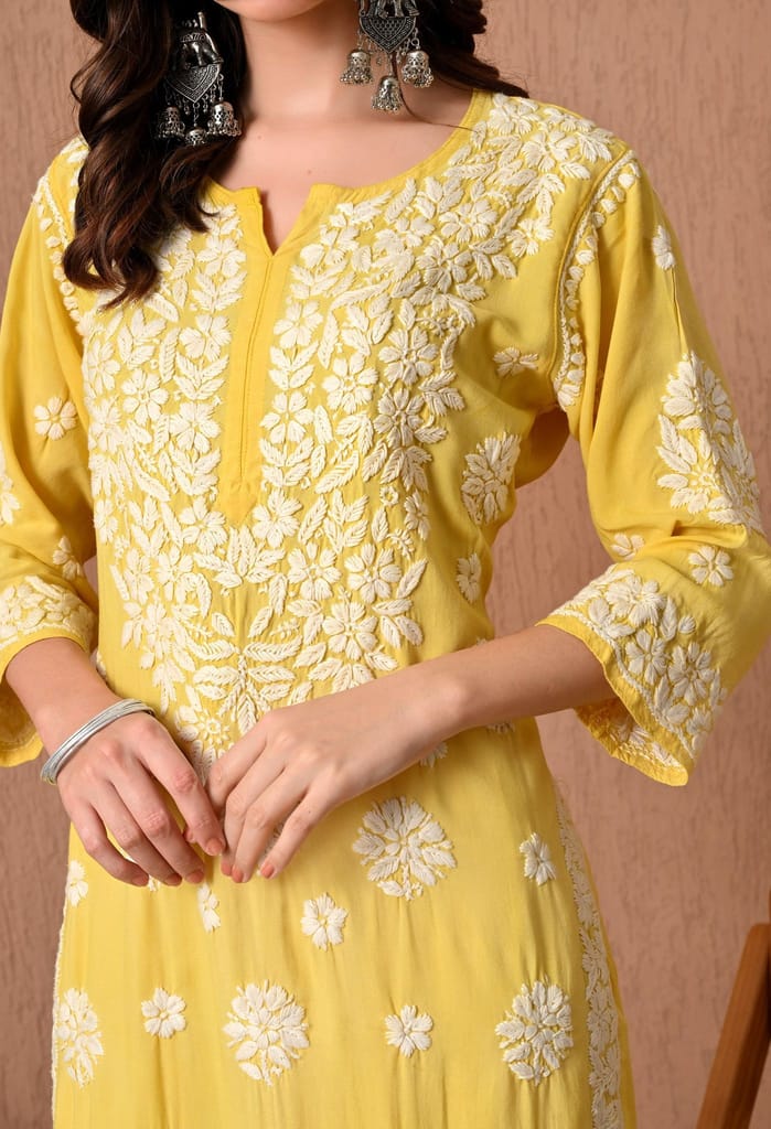 Hand Embroidered Chikankari Plazo Set 3d Work- Yellow