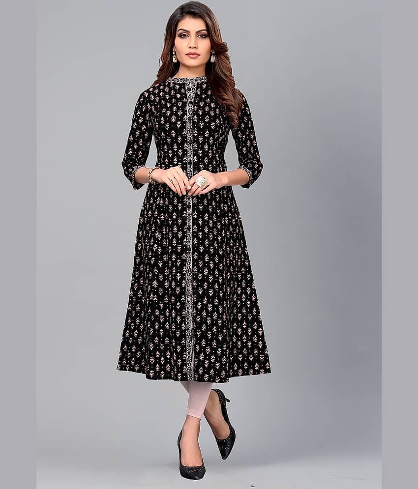 Gulmehak Pack of 1 Cotton Printed Flared Women's Kurti - ( Black )