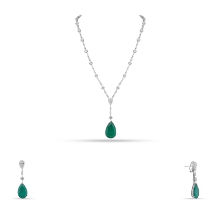 Amima - American Diamond and Emerald Green Stone Necklace Set