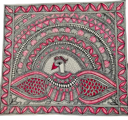 Handcrafted Madhubani Peacock Painting on Handmade Paper - Vibrant Red & Black Art for Home Decor