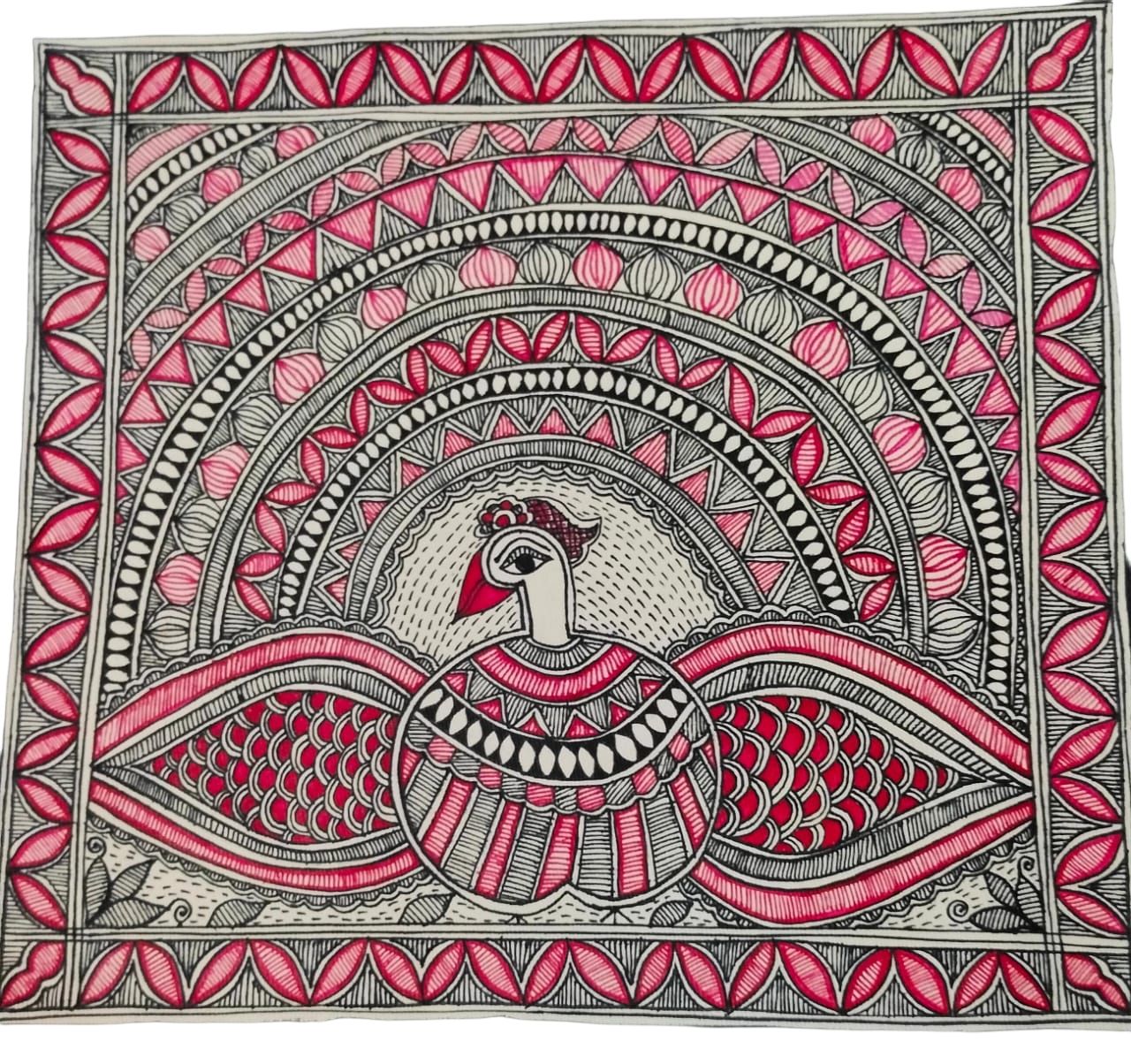 Handcrafted Madhubani Peacock Painting on Handmade Paper - Vibrant Red & Black Art for Home Decor