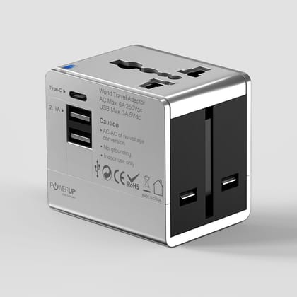 POWERUP World Travel Adapter with Dual USB Port + Type C Wall Charger - Silver