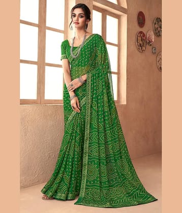 Nandini Creation Chiffon Printed Saree With Unstitched Blouse Piece ( Green )