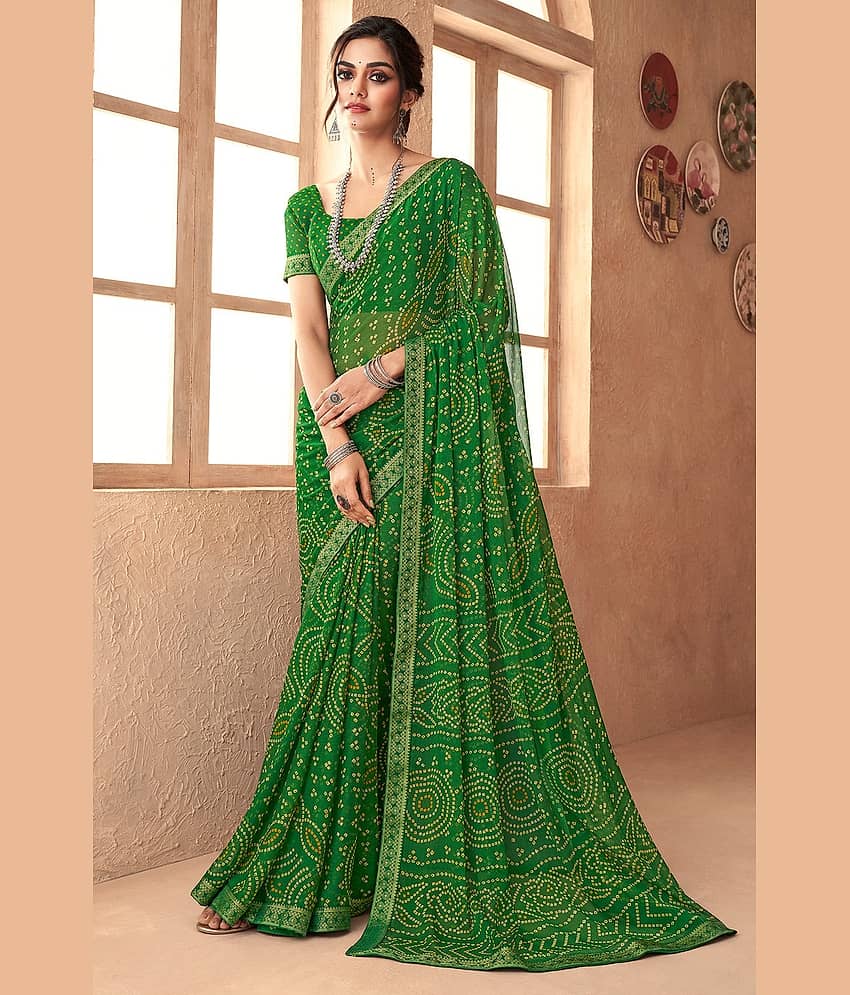 Nandini Creation Chiffon Printed Saree With Unstitched Blouse Piece ( Green )