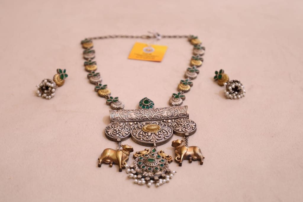 Antique Style Necklace with Green Stones, Silver-Gold Dual Tone, Elephant Charms and Pearl Clusters