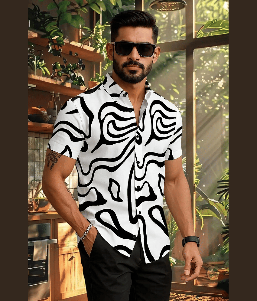 ARZ Poly Cotton Slim Fit Printed Half Sleeves Men's Casual Shirt - White ( Pack of 1 )