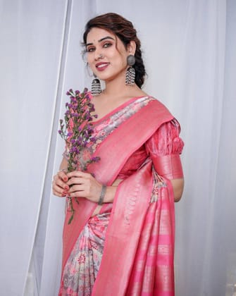 Graceful Pink and Silver Banarasi Silk Saree with Vibrant Floral Design, Zari Weaved Border, and Elegant Pallu-Regular