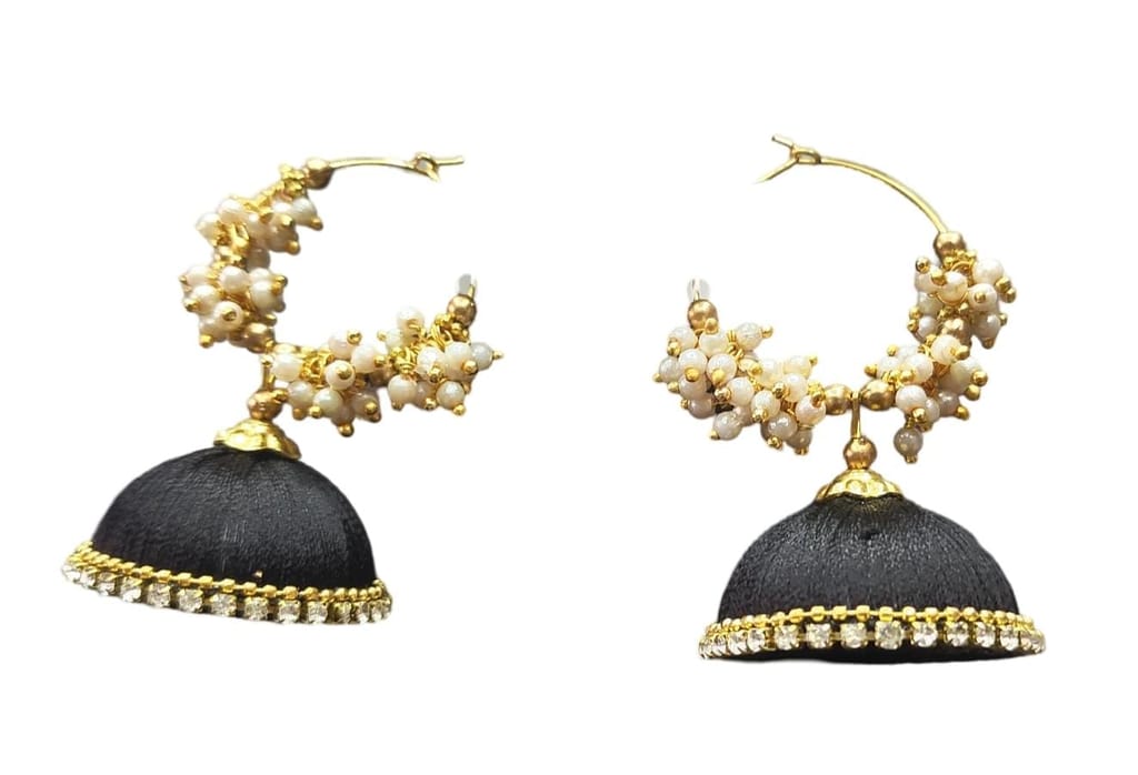 Black Silk Thread Jhumka Earrings with Pearl and Stone Detailing