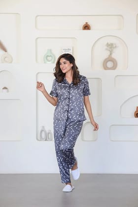 Night Wear Satin Grey Color Butterfly Print Night Suit-s