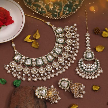 White Color Kundan Necklace Set (KN1413WHT)-Adjustable Rope / White / Alloy With Good Quality Gold Plated