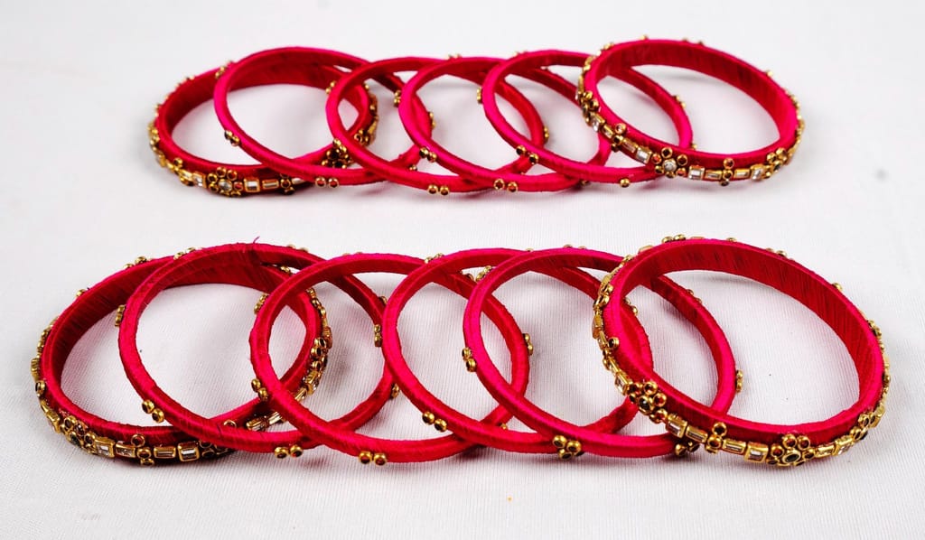 Set of 16, Pink Silk Thread Bangle with Rhinestone