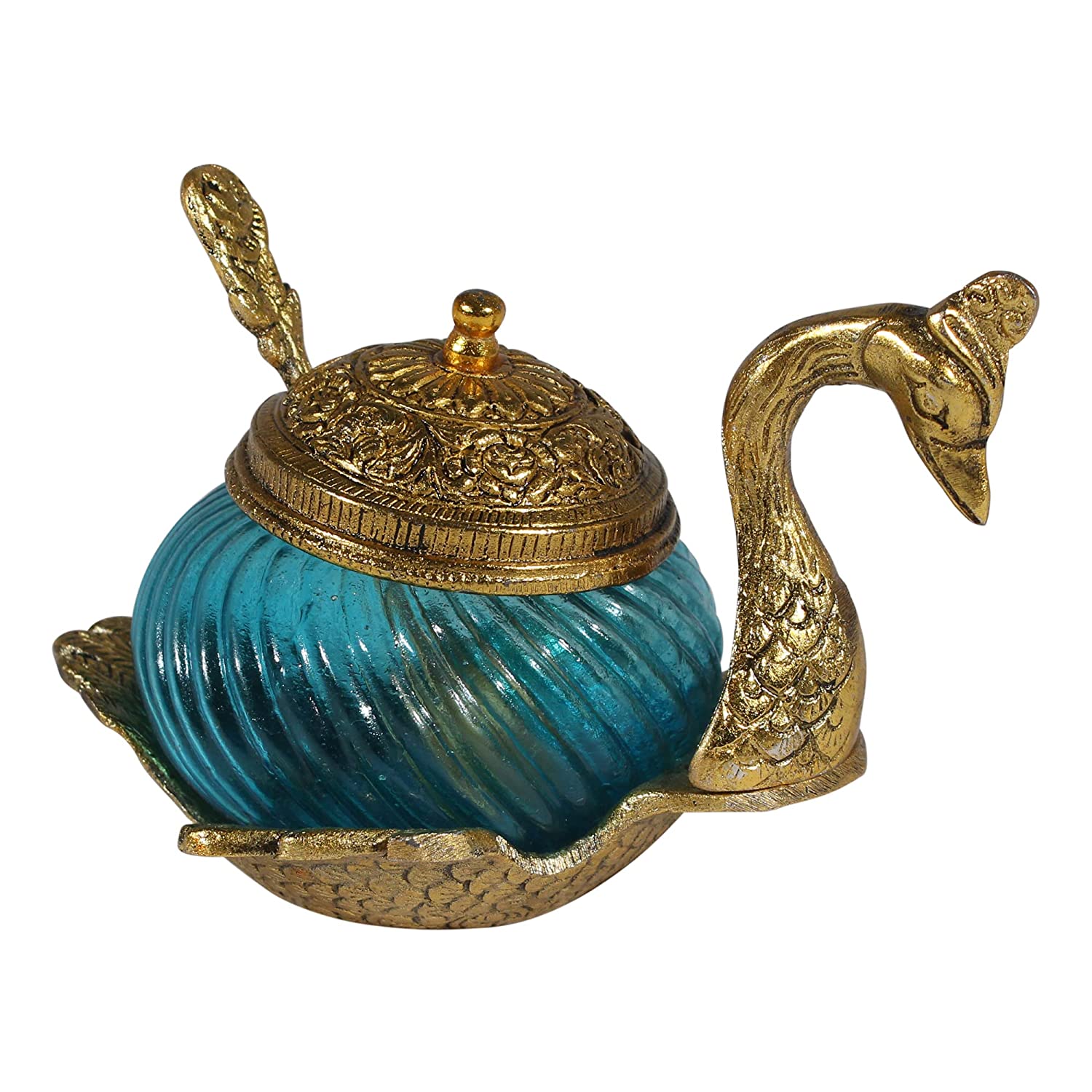 DreamKraft White Metal Gold Polished Mouthfreshner Serving Duck & Swan Spoon Set with Lid, Size: 12 cm x 13 cm - Golden