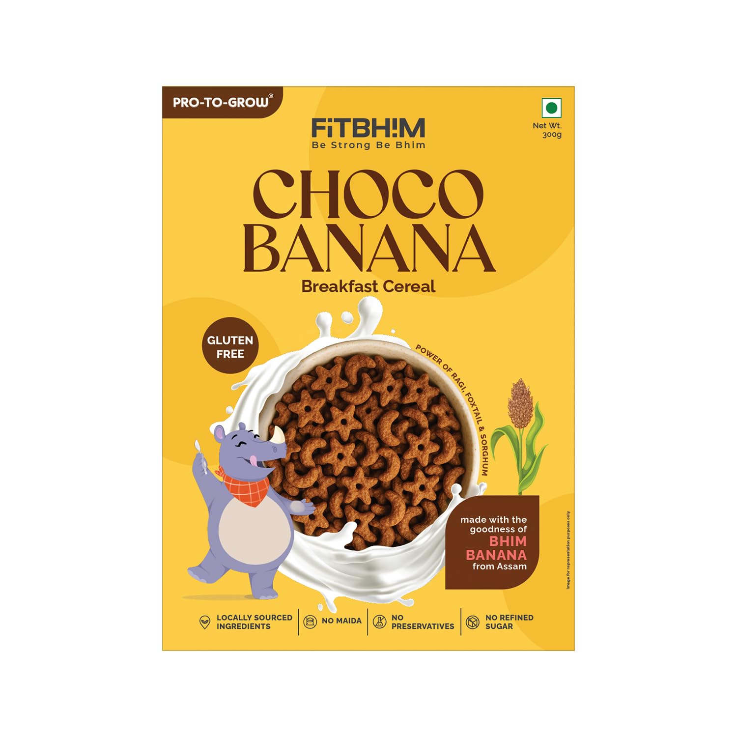 Pro To Grow Fitbhim Choco Banana Breakfast Cereal - Stars & Moons 300g | Enriched with Bhim Banana, Ragi, Foxtail Millet & Sorghum | Gluten Free | No Maida & Refined Sugar | Healthy Kids Snack