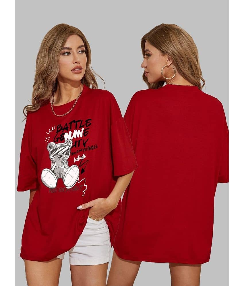 Leotude Women Cotton Blend Printed Oversized Fit Round Neck T-Shirt ( Red )