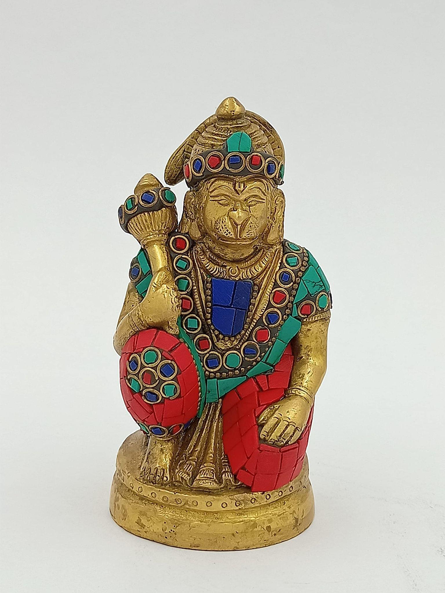 Arihant Craft� Hindu God Hanuman Idol Mahavir Statue Bajrangbali Sculpture Turquoise Gem Stone Hand Work Showpiece � 13 cm (Brass, Multicolour)