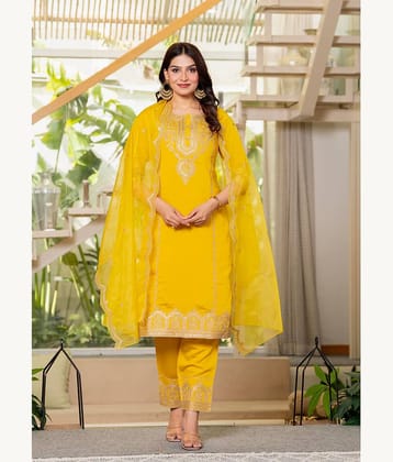 Juniper Women Viscose Embroidered Straight Kurti With Pants ( Mustard )