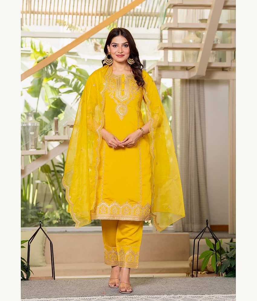 Juniper Women Viscose Embroidered Straight Kurti With Pants ( Mustard )