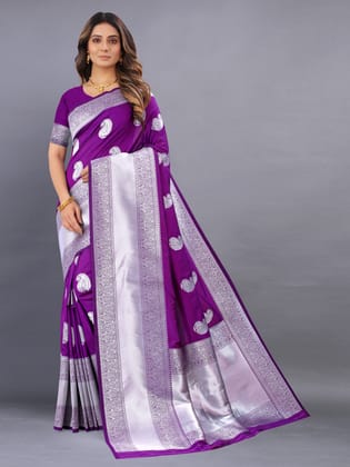 Yavira silk Women's Purple Handwoven Silk Blend Saree