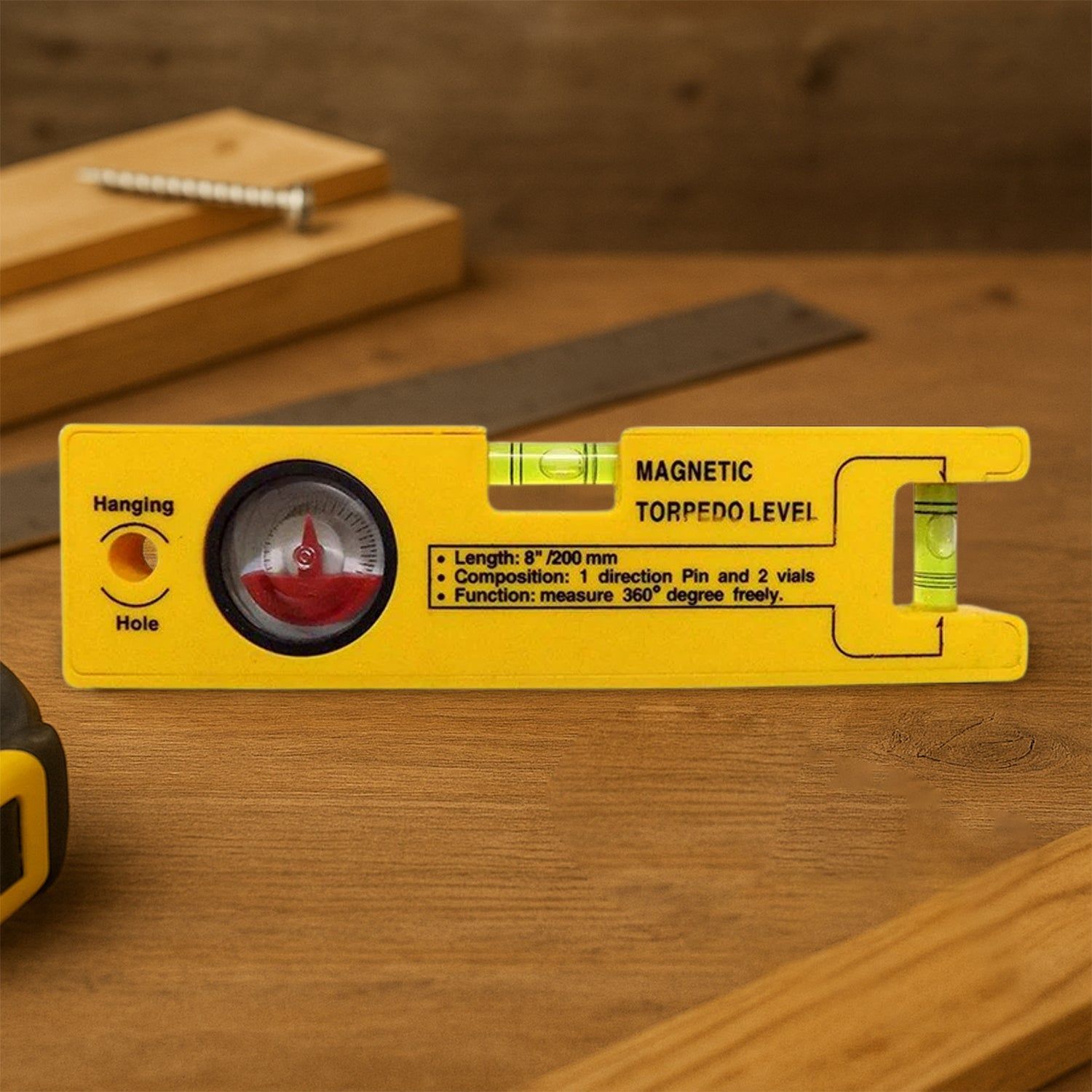 8-inch Magnetic Torpedo Level with 1 Direction Pin, 2 Vials and 360 Degree View