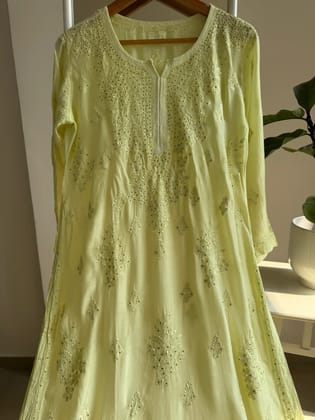 Muslin Chikankari Kurti with Mukaish work - Lemon Green-Lemon Green / Muslin / L