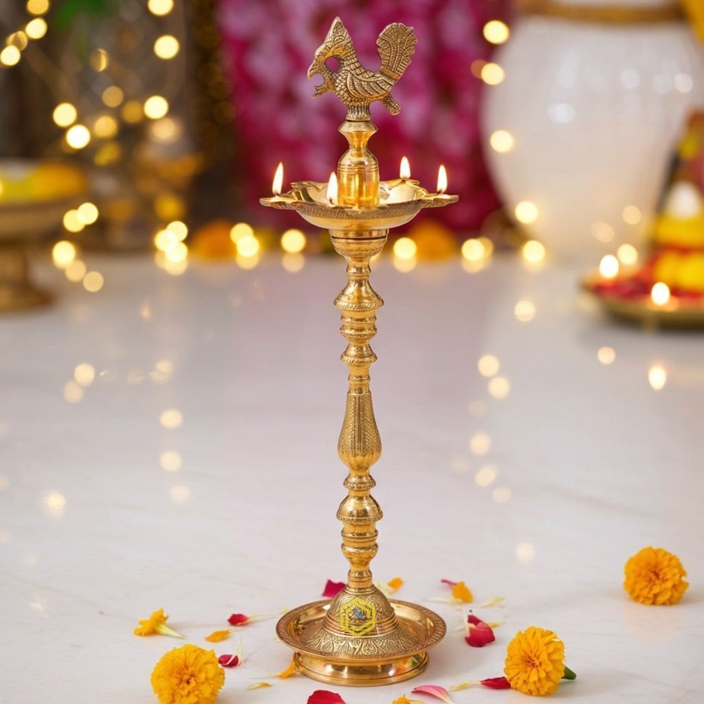 Brass Table Decor Mahabharat Oil Lamp Deepak  - Artistic Puja Diya for Devotion, Height : 48 Inch (FMAS686 J)