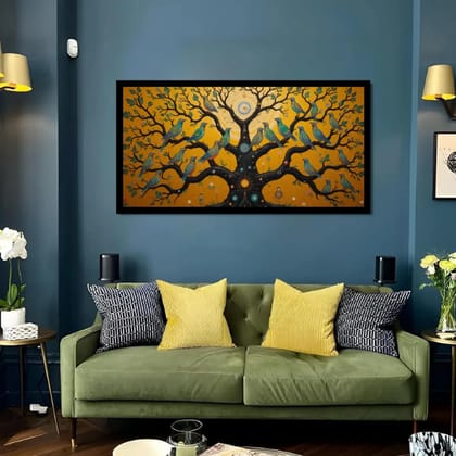 Luminary The Bluebirds Union – Illuminated Tree of Grace Museum-Quality Cotton Canvas Painting for Study Room Décor | Frame Size (127 X 69 Cm) | Frame Type (Black) | 5-Year Warranty