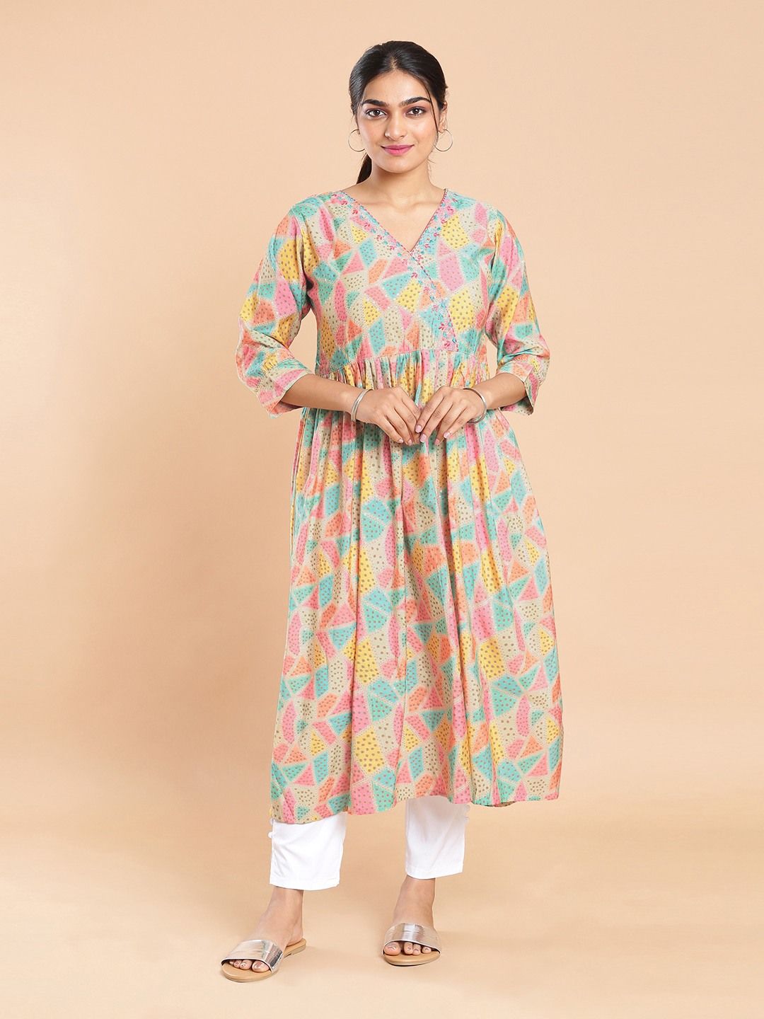 Kalyan Silks Triangle & Dots Printed Multi Color Kurti Top