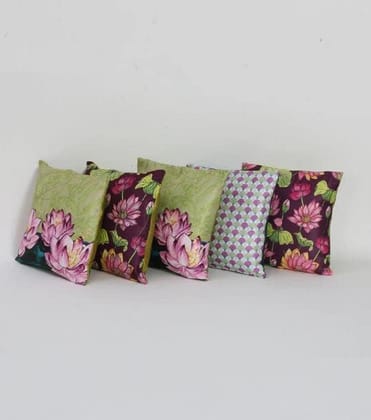 Koko Decorative Polyester Cushion Cover - 16x16 Inch Natural Soft Textured Multicolor Floral Print Pillow Covers for Sofa, Bed & Chair (Set of 5)