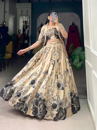 Ethereal Radiance: Mauve Tussar Silk Lehenga with Jacket ( koti )-CREAM