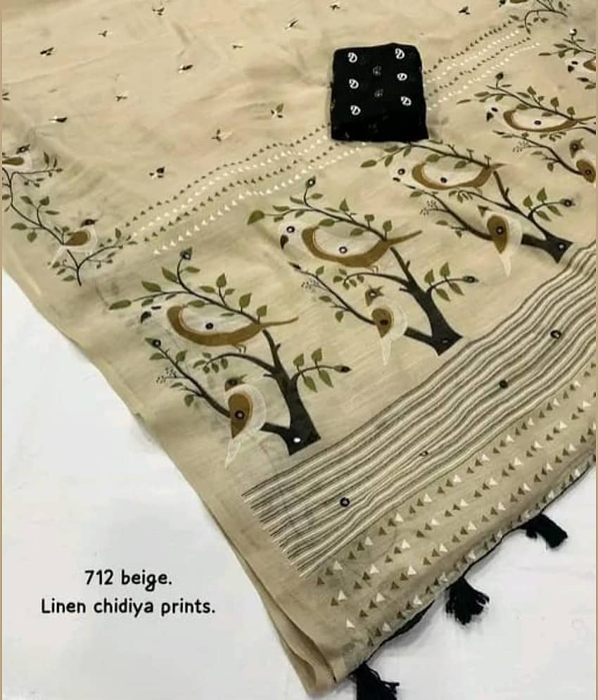 Kalpana Creation Linen Printed Regular Saree With Unstitched Blouse Piece ( Multicolor )