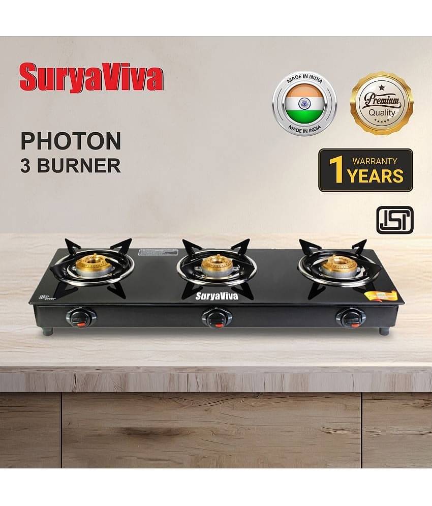 Suryaviva Photon Viva 3B Ms Bk Toughened Glass 3 Cast Iron Burner Gas Stove(Manual Ignition,Black)