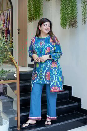 Mila Blue Floral Printed Cape Set-M