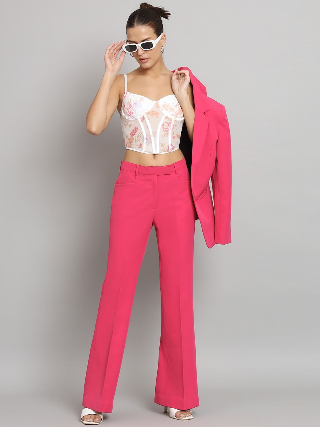 Mid Waist Bell Bottom Stretch Trouser - Hot Pink-XS
