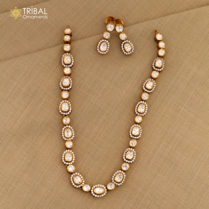 925 sterling silver white kundan stone polki charm necklace set stylish jewelry set743