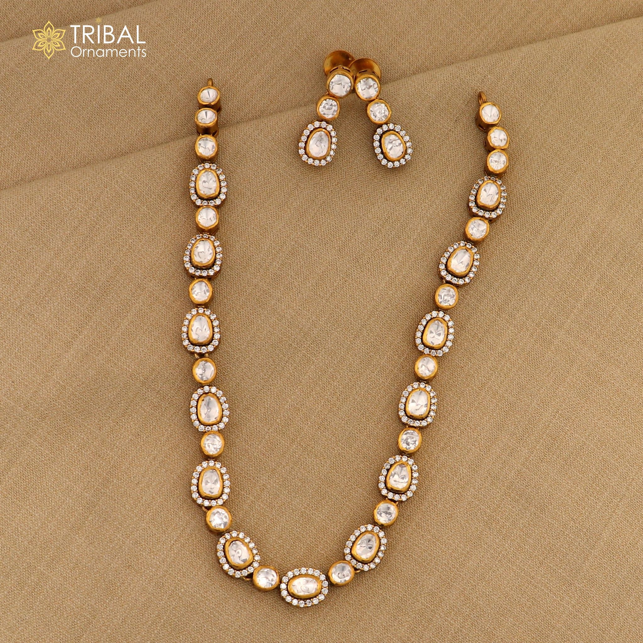 925 sterling silver white kundan stone polki charm necklace set stylish jewelry set743